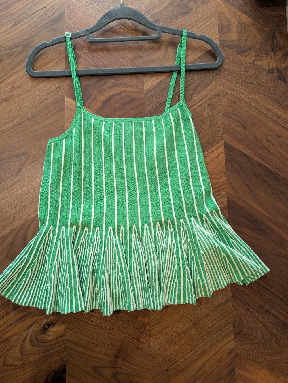 Maeve Green and White Striped Pleated Hem Camisole